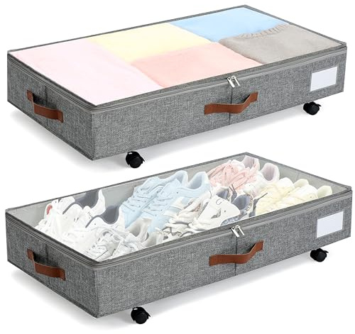 KitHero Under Bed Storage with Wheels Set of 2 Packs, Large Underbed Storage Containers with Clear Lid, Wheeled Under Bed Drawers for Blankets, Clothes, Shoe, Bedding Grey