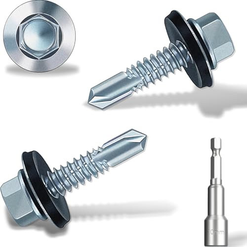Tornillos autoperforantes para techos de 6,3 x 25 mm, 60 tornillos autorroscantes de cabeza hexagonal, tornillos de techo autoperforantes de cabeza hexagonal con arandela de sellado de goma. Con