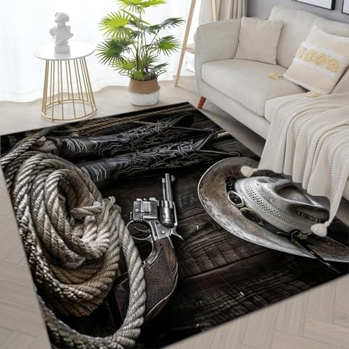 Teppich Schlafzimmer Hut & Pistole & Seil 160x230cm Modern Anti-Rutsch Teppich, Wohnzimmer Teppich, Weich Kurzflor Teppiche, für Küche, Esszimmer, Flur Waschbarer Teppich