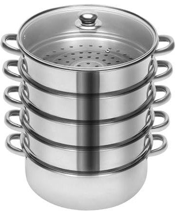 SICHENSH Edelstahl Dampfgarer 5 Lagiger Dampfkocher Dampfkocher Edelstahl Schongarer mit Glasabdeckung Edelstahl Biodampfkocher Topf Edelstahl Dampftopf 26cm