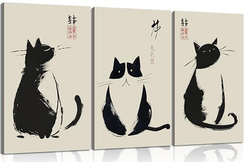 Leinwandbild, japanische Katze, Vintage-Stil, niedlich, lustig, japanische schwarze Katze, Matsumoto Hoji-Drucke, neutrale Bilder, Wanddekoration, Tierposter für Wohnzimmer, Schlafzimmer, gerahmt