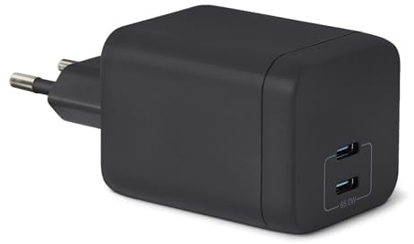 Amazon Basics USB-C-Wandladegerät mit Nano-GaN-Technologie und Schnellladefunktion, 65W, 2 Anschlüsse für Laptops, Tablets, Telefone, Schwarz