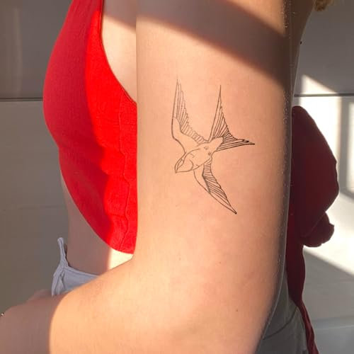 Fliegende Schwalbe Fineline Tattoo - Inkster Tattoo | vegane & wasserfeste Temporäre Tattoos für Erwachsene - EU-Kosmetikzertifizierte Farbe - revolutionäres 2 Wochen Tattoo | Premium Klebetattoos
