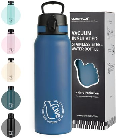 UZSPACE Botella de Agua Acero Inoxidable 700ml, Botella Agua Niño con Asa, Doble Pared, A Prueba de Fugas, Apertura de un Clic, Cantimplora infantil para Colegio, Niño, Niña, Azul Océano