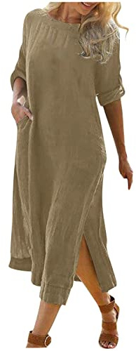 Sale Sommerkleid Damen Leinen Kleider Angebote Casual Strandkleid Kurzarm Kleid Sommer Shirtkleider Freizeitkleid mit Taschen Rundhalsausschnitt Midikleid A-Linie Kleid Strandkleid Sale Angebote