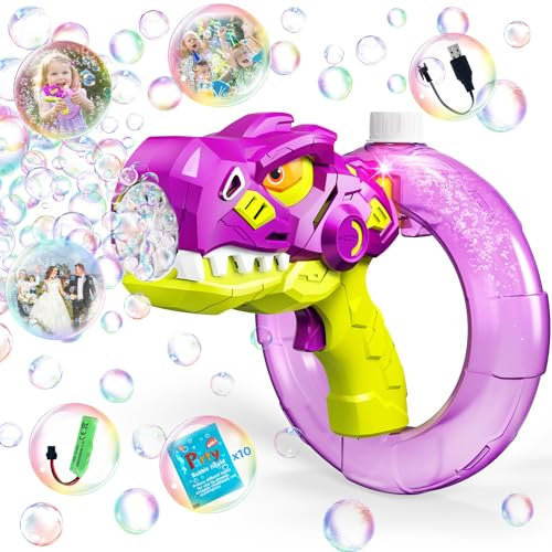 Dino Seifenblasenmaschine mit Akku 10000 Blasen/Min | Automatische Seifenblasenpistole für Draußen & Garten| Kinder Spielzeug 3 4 5 6 7Jahre | Bubble Gun for Kids |Geschenk für Geburtstag/Party (Lila)