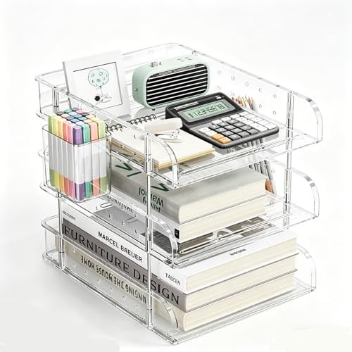 3-Etagen Schreibtisch Organizer, Stapelbare Dokumentenablage aus Acryl, Briefablage für A4 Papier und Bürozubehör (Transparent)
