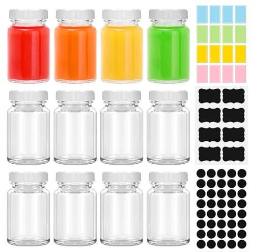 12 Petite Bouteilles en Verre Réutilisables de 60ml,Mini Bouteilles Verre avec Bouchon Hermétique,Bouteilles de Jus,pour Jus de Fruits,Shot de Gingembre,Whisky,Smoothies Boissons