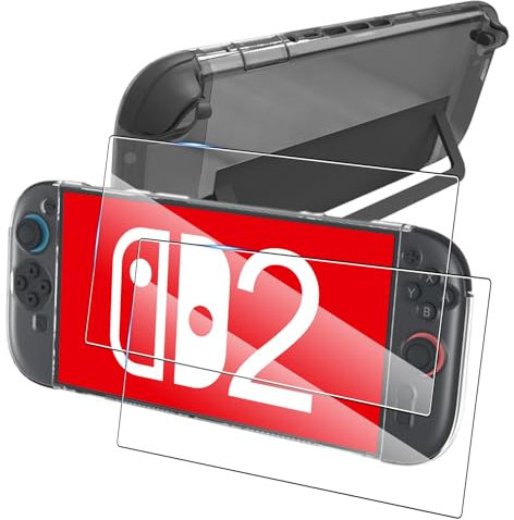 MEMELOKA Cover per Nintendo Switch 2 + Vetro Temperato, Anti-Graffio e Antiurto Morbida TPU Custodia Protettiva per Nintendo Switch 2 - Trasparente