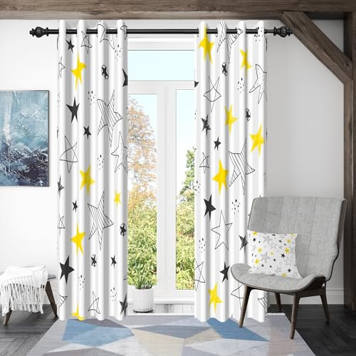 ggaimwf 117x138cm Ösenvorhang mit Cartoon-Motiv für Kinderzimmer Gelb Weiß Stern Weltraum Muster Ösen Verdunkelungsvorhänge Fenstervorhänge für Jungenzimmer Spielzimmer Wohnzimmer,2 paneel