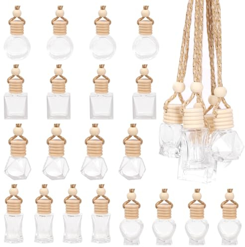 Swpeet 20Pcs 5 Sizes 5/6/7/8/10ml Hanging Perfume Diffuser Air Freshener Diffuser, Empty Refillable Clear Glass Essential Oil Car Bottles Fragrance Pendant Vials with Wooden Caps & Hanging String