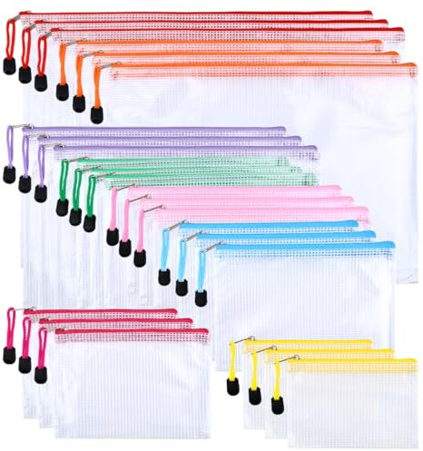 OctBird 24 Stück Transparente Reißverschlusstaschen,8 Größen,Mehrfarbe,Reißverschluss Dokumententaschen,Dokumententasche Kunststoff für Schule, Zuhause, Büro,Reisen, Mesh Datei Taschen