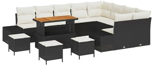 vidaXL 13-teiliges Garten-Sofa-Set mit Kissen - Schwarz, Poly-Rattan, Akazie, 6-Sitzer, modulares Gartenmöbel, wetterfest für die Terrasse, Couch, Lounge, Sommer-Sitzmöbel, pulverbeschichteter Stahl
