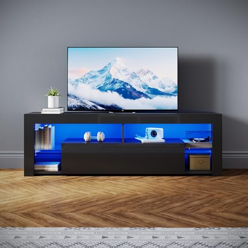 SONNI TV-Schrank Modern 160cm, Lowboard Hochglanz Schwarz mit 16 Farben LED-Beleuchtung, Schublade, offene Glasböden, Fernsehtisch für Fernseher bis 65 Zoll Wohnzimmer & Schlafzimmer, 160x35x50.5cm.