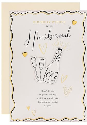 Hallmark Birthday Card for Husband, Gold Foil, Hearts, Bottle of Fizz | Heartfelt Verse, Die-Cut, Gold Foil Paper Hearts, Cream Envelope, White, Fully Recyclable