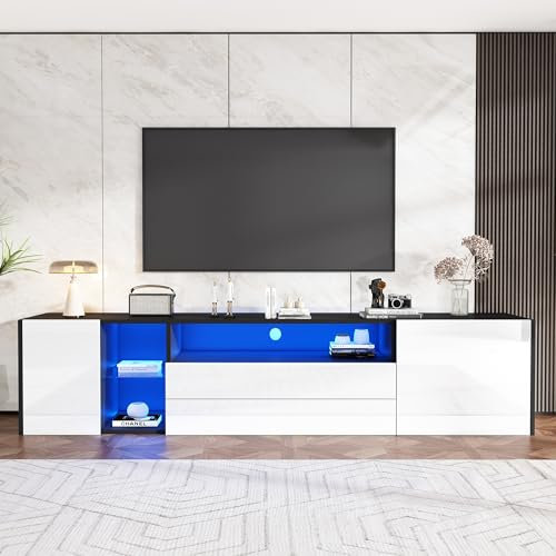 Kebnor Mueble de TV de alto brillo LED de alto brillo, mueble de TV con 2 cajones y 2 armarios, apto para televisores de 75 pulgadas, color blanco y negro, 180 x 40 x 45 cm