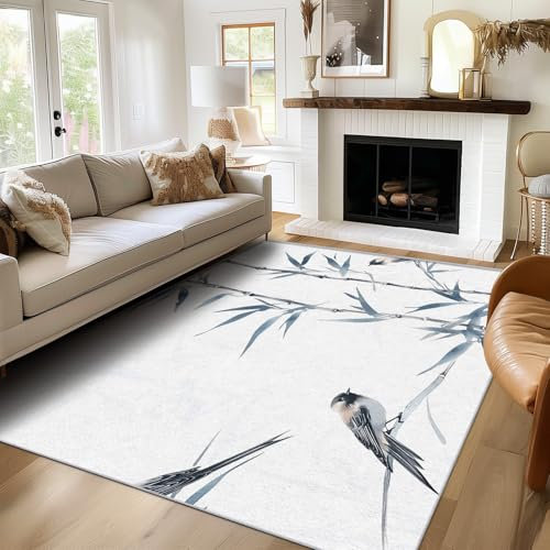SUWALI Tapis Bambou Et Oiseau, Grand Tapis de Chambre Salon, Motif Japonais, 140x200, Antidérapant, Lavable, Doux, Poil Ras, Decoration Maison