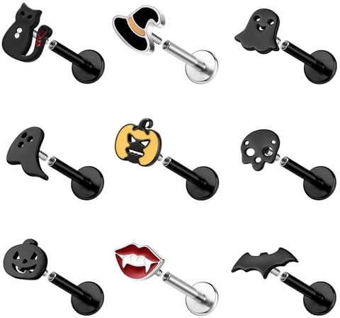 ZS 9 Stück 16G Edelstahl Labret Lippenpiercing Innengewinde, Halloween Geist Totenkopf Medusa Monroe Piercingschmuck, flache Conch Tragus Ohrringe für Damen Herren