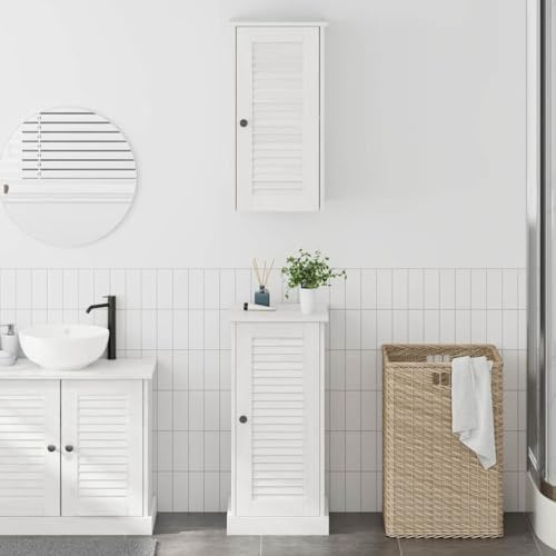 ULUYYUC Badezimmerschrank Antik Weiß 37 x 34 x 80 cm aus Massivkiefer und MDF platzsparendes Highboard mit Regal und Tür Medizinschrank Küchenschrank Sideboard für Badezimmer Gäste WC Flur
