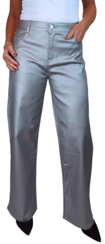 Paulo Due Womens Wide Leg Leather Look Jeans Silver 10-20 (10)