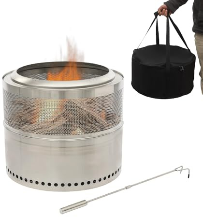 Mqwdxzfes Klappbare Feuerschale mit Tragetasche, 50cm Edelstahl Feuerstelle Raucharm mit Aschefach & Feuerhaken, Outdoor Faltbare Feuerkorb für für Camping, Picknicks, Terrasse, Garten
