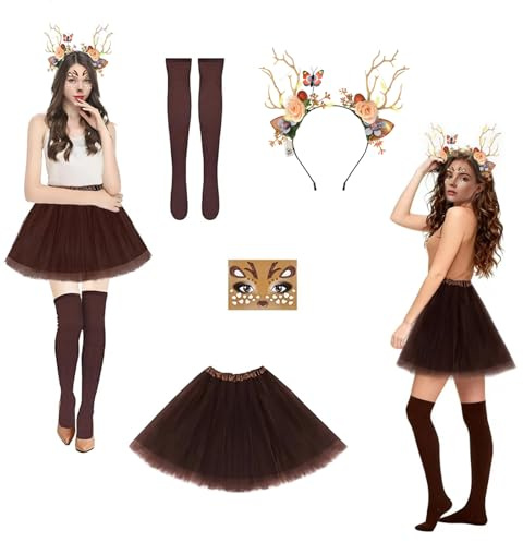 TOPRUNYI Reh Kostüm Damen,Rentier Kostüm Erwachsene mit Rentier Haarreif LED,Kniestrümpfe und Tüllrock,für Karneval Halloween Weihnachten Cosplay Mottoparty mit Gesichtsaufkleber