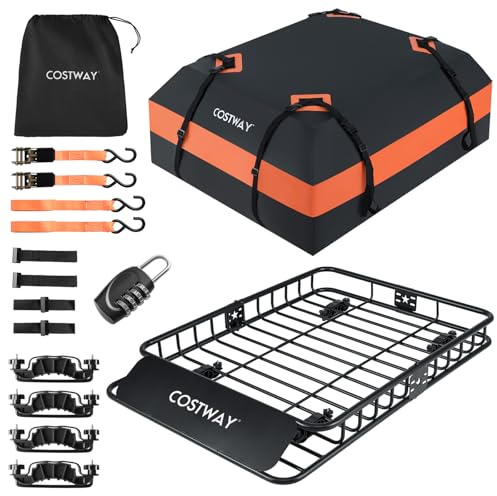 COSTWAY Roof Rack Cargo Carrier, 130 x 91 x 17cm Heavy-Duty Cargo Basket with 425L Waterproof Bag, Ratchet Straps & Door Hooks, 90kg Capacity Universal Luggage Carrier for SUV, Truck, Sedan