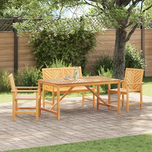 IBUQDDV 4-teiliges Garten Essset aus massivem Akazienholz mit rechteckigem Tisch, Bank und Zwei Stühlen für den Außenbereich - Robustes Chevron-Design und geölte Oberfläche