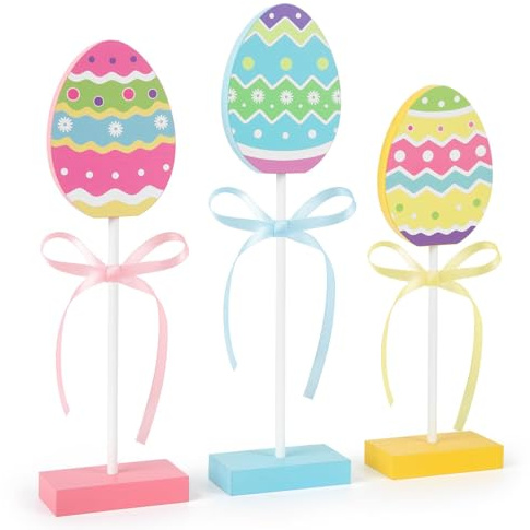 3 Pieces Easter Tiered Tray Decor Wooden Easter Eggs Decor Colorful easter Table Decorations for Day Home gifts ornaments Farmhouse Kitchen Decorations Spring garden Mantel Shelf or Party Display