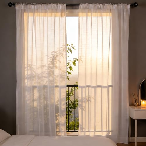 LIJIAO Ösenschal Transparent 130 x 210 cm mit Kräuselband, Halbtransparent, Lichtdurchlässig, mit Ösen in Leinenoptik, Luftig Und Langlebig, Transparente Gardine Ösenschal für Jedes Fenster, Weiß