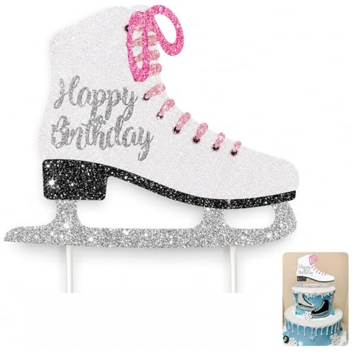 Mistillion Glitter Ice Skating Cake Topper, White Figure Skating Themed Birthday Cake Decoration, 18x16cm for Ice Skater Winter Wonderland Parties
