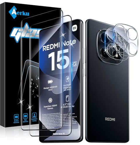 Aerku Protector de Pantalla para Xiaomi Redmi Note 15 5G & Protector Cámara | 2x Cristal Templado & 2x Protector de Lente de Cámara, 9H Anti-Rayones, 0,33mm Ultrafino, HD 99,9%, Instalación Sin Burbujas