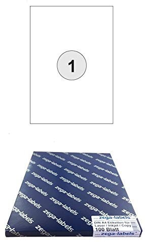 100 Etiketten 210 x 297 mm wetterfeste Polyester Folie weiss matt stark haftend auf DIN A4 Bögen (1 Etikett DIN A4) - 100 Blatt Pack - Universell für Laser/Farblaser einsetzbar - 210x297mm - 1-teilig