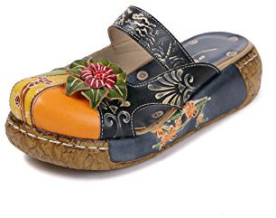 POPOTI Sandali Estive Donna, Sandali Zeppa Ciabatte in Pelle Pantofole Mocassini Pompe Boemia Fiore Eleganti Slip-On Flip Flops Sandali con Tacco Infradito Spiaggia Nuovo Bassi Scarpe -Blu 39