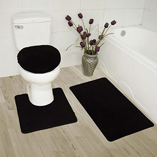 Luxury Home Collection 3 tlg Badteppich Solid Set Rutschfest Badteppich Konturmatte und WC-Deckelbezug Schwarz