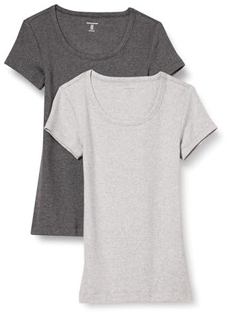 Amazon Essentials Women's Slim-Fit Cap-Sleeve Scoop Neck T-Shirt, Pack of 2, Charcoal Heather/Light Grey Heather, L