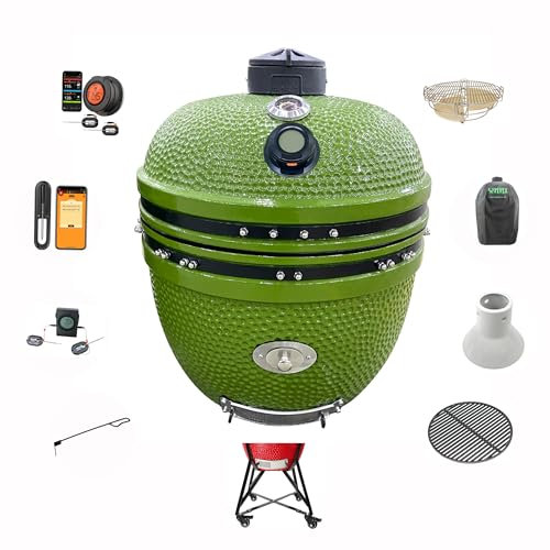 YNNI 63,5 cm Limettengrün XL Späne-Futterstation Kamado Bundle Ofen BBQ Grill Extra inkl. Trolley TQTT25LM