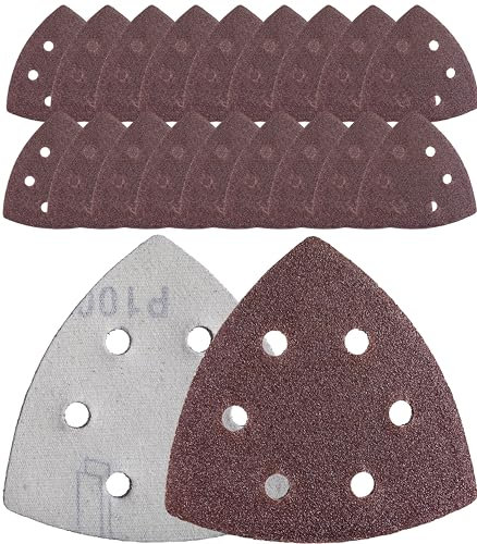 YoiYee 100 Grit Delta Sanding Sheet, Hook and Loop Triangle Sandpaper Pad, Sand Paper Disk, 6 Holes, 93 x 93 x 93mm, 20 Pack