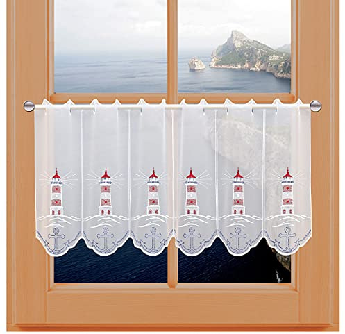 kollektion MT Bestickte Badgardine Leuchtturm mit Anker Moderne Küchengardine Scheibenhänger aus Vogtländischer Spitze 40 x 96 cm