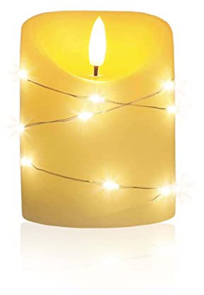 LED Universum - LED Kerze Cynthia 10cm, Echtwachskerze umwickelt mit einer LED Lichterkette, cremefarben, warmweißes Licht, 5h Timer, Batteriebetrieben: 2x AA (nicht inklusive) (Cynthia 10 cm)