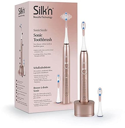 Silk'n Brosse à Dents Sonique - SS1PEUP001- Brosse à Dent Electrique -5 Programmes Sonic - Smile Gold Rose - 2 brossettes - 31 000 mouvements vibratoires/mn - Etanche - Autonomie: 3 semaines/charge