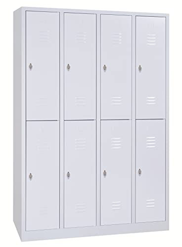 Schrank & Stuhl Spind – Metallspind mit 4 x 2 Abteilen in 195 x 117 x 50 cm, Schließfachschrank mit Drehriegelverschlüssen, Lieferung komplett montiert, Grau