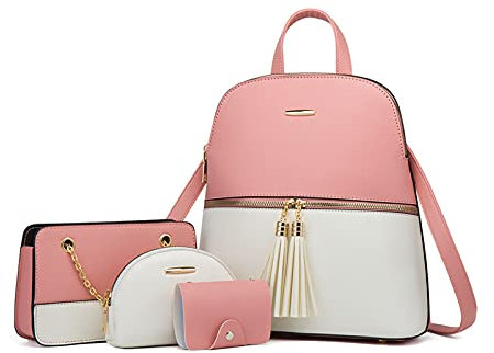 NICOLE & DORIS Rucksack Damen Klein Casual Daypack Elegant Wasserdicht Damenrucksack PU Leder Tagesrucksack Farbblock Umhängetasche Damen Rucksack-4 Set Weiß mit Puder