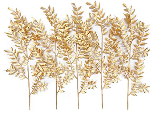 PASYOU Künstliche Pflanzen, Blätter, Weihnachtsdekoration, goldfarben, künstliche Sträucher, Gras, Laub, Kunststoff, Großblatt, für drinnen und draußen, Haus, Garten, Party, Hotel, Veranda, Hochzeit