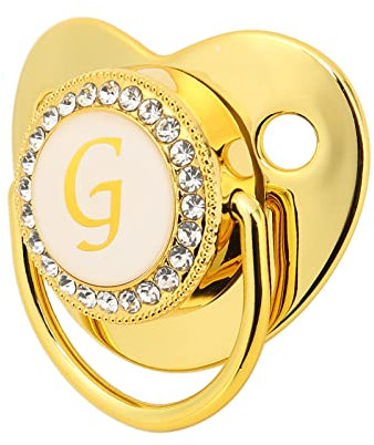 Goldener Baby-Schnuller, Personalisiertes Gebogenes Design, 26 Buchstaben, Sichere Materialien, Gesunder Bling-Baby-Schnuller, Neugeborenen-Essentials mit Clips für 6 Bis 18 Monate Baby(G)
