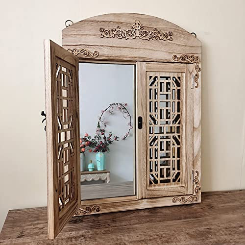 ZYLEDW Espejo de Pared de Jardín Grande Rústico de 44cm Con Puertas, Antiguo de Madera y Vidrio, Ventana Exterior Arqueado Para Patio, Sala de Estar, Pasillo