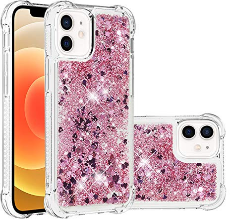 IMIRST Silicone Phone Case for Apple iPhone 12, Corner Airbag Fall Protection Bling Glitter Quicksand Liquid Sparkle TPU Case Cover for Apple iPhone 12. YBW Love RoseGold