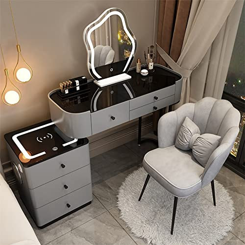 Schminkset mit Ladestation, Schminkspiegel, großer Schminktisch mit 3-farbig verstellbarem Touch-Licht, Bluetooth-Lautsprecher, gepolsterter Hocker für Frauen und Mädchen ( Color : Gray a+chair , Size