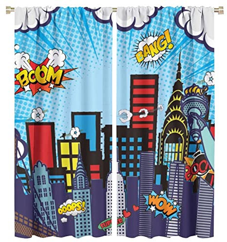 SHElifestyle Super City Hero Window Curtains for Kids, City Skyline Buildings Cityscape Blackout Rod Pocket Window Treatments Drpaes for Boys Girls Bedroom Living Room Play Room 42x45in