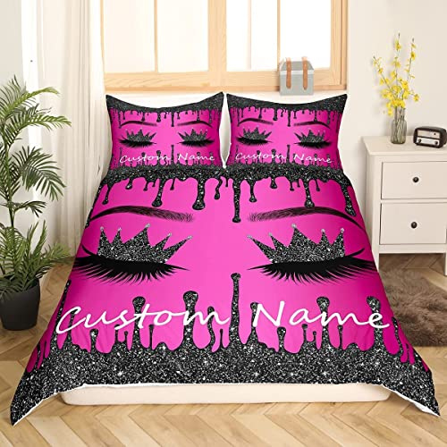 Eyelash Bedding Set Double For Girls Women Kids 3 Pcs Customize Name Comforter Cover Luxury Black And Purple Glitter Sparkle Eyelashes Makeup Girly Duvet Cover Cute Princess Style Bedroom Decor Gifts